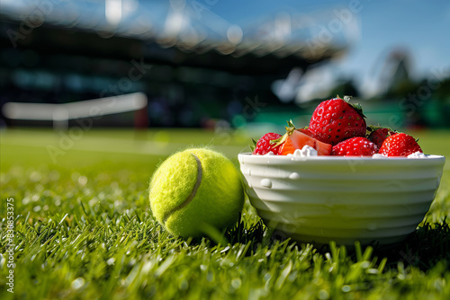 a bowl of strawberries and cream on a tennis court with a tennis stadium blurred in the background