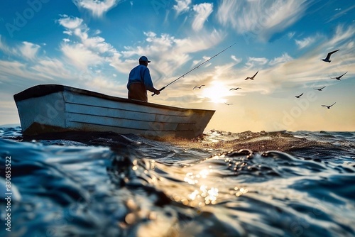 Fisherman stands in a boat in the sea holding a fishing rod during sunset. Seagulls fly around it, and the waves are illuminated by the warm evening light, creating an atmosphere of peace and n