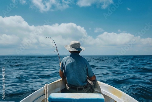 Man in a hat sits in a boat on the open sea, holding a fishing rod waiting for a bite. The calm sea and bright sky create an atmosphere of peace and pleasure from fishing.