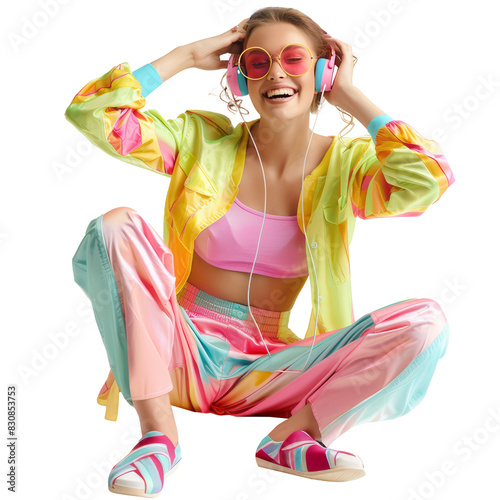 Young woman in sunglasses in bright pastel clothes enjoying listening to music with earphones, transparent background