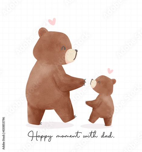 Fathers day bear watercolor daddy and baby walking together Heartwarming moment Cartoon Illustration