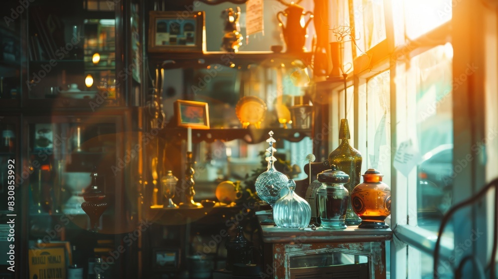 Sunlit antique store with a variety of vintage glassware and collectibles on display, creating a nostalgic and warm atmosphere.