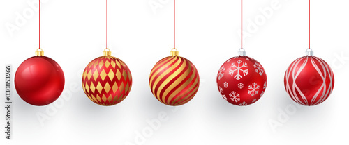 Set of realistic 3D decorative holiday elements, festive red balls with luxury golden and silver elements isolated on white background.