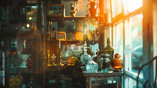Sunlit antique store with a variety of vintage glassware and collectibles on display, creating a nostalgic and warm atmosphere. photo