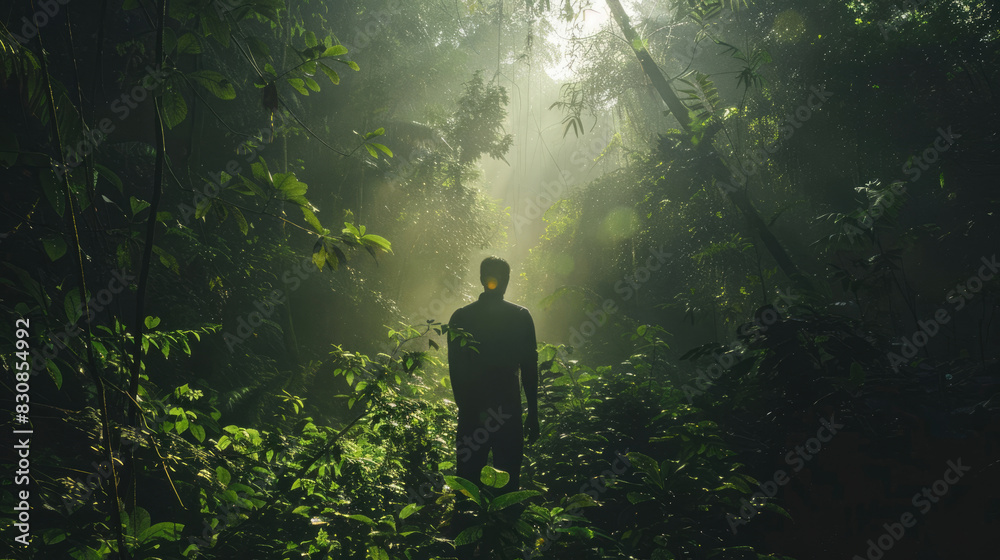 Fototapeta premium A man walks through a dark forest among trees and phenomena