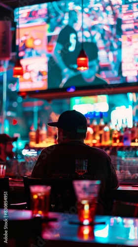 Vibrant bar scene with neon lights, patrons, and a large screen showcasing sports in a lively atmosphere.