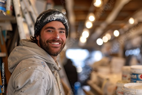 Happy Painter in Workshop, Smiling Craftsman with Paint-Splattered Clothes, Art Studio, Creative Workspace © Flow_control