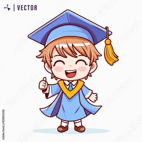 Kawaai Little boy graduating from school vector illustration. Boy with diplomas in graduation gowns and caps. Little schoolkids. Flat graphic vector illustration isolated on white background