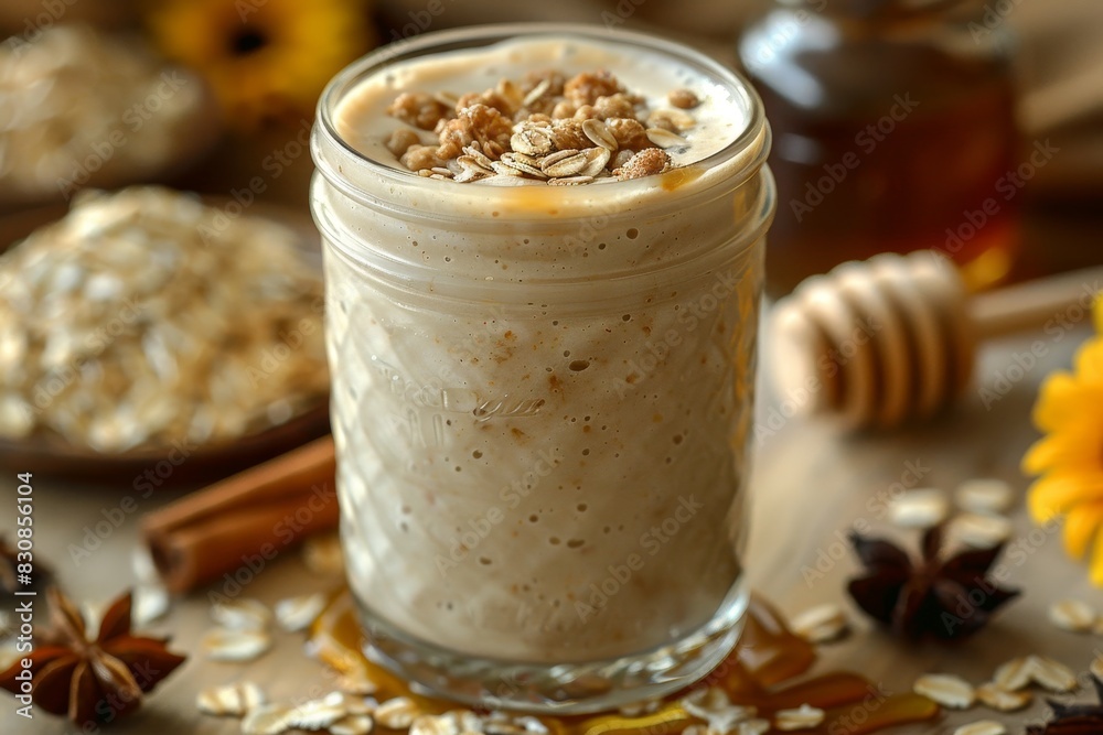 Oatmeal Smoothie - Creamy beige with oats and a drizzle of honey. Oatmeal Smoothie - Creamy beige with oats and a drizzle of honey.