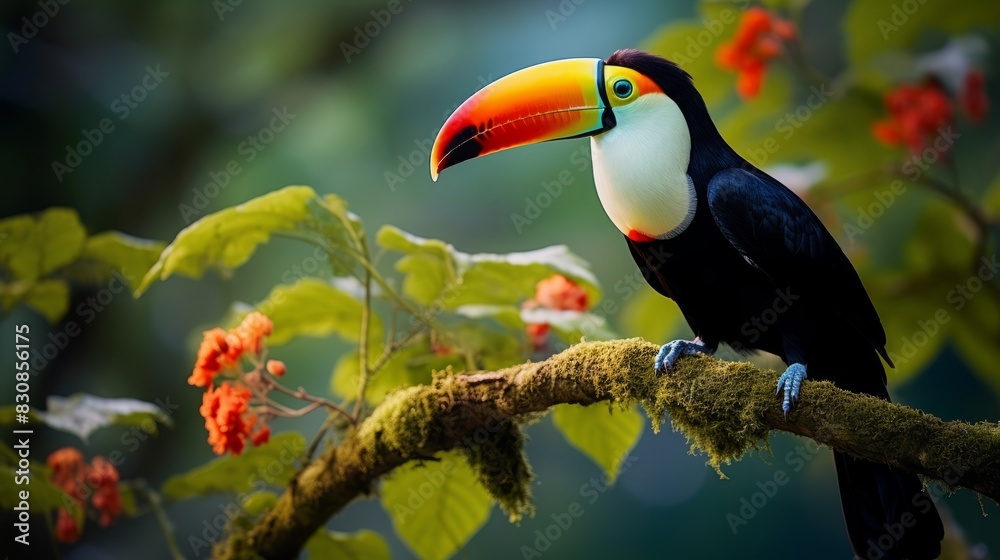 Fototapeta premium Vibrant Toucan Perched in Rainforest - Exotic Bird in Lush Habitat with Colorful Beak and Playful Expression