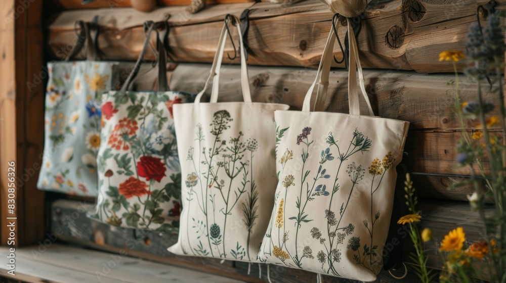 Fototapeta premium Cluster of organic cotton tote bags, adorned with vibrant nature-inspired prints, hangs on a rustic wall hook. This scene celebrates sustainable fashion with a touch of artistic flair