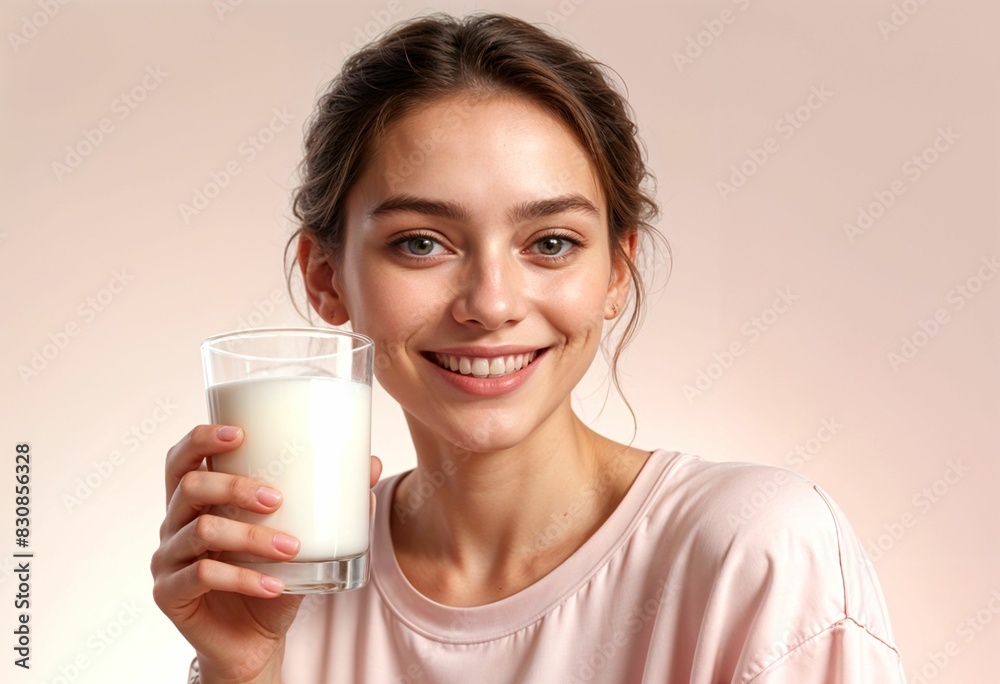 an isolated studio portrait of a beautifull, healthy, young, 20-year-old Caucasian girl, a brunette, holding a glass of milk, looking at the camera and smiling, on a soft pink background. an isolated studio portrait of a beautifull, healthy, young, 20-year-old Caucasian girl, a brunette, holding a glass of milk, looking at the camera and smiling, on a soft pink background.