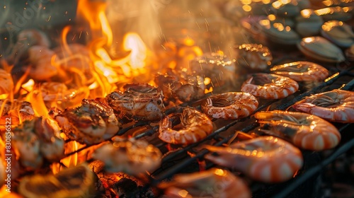 Twilight beach setting where seafood is grilled over open flames, the fire casting a warm glow on the array of seafood, emphasizing the smoky atmosphere and the freshness of the ocean, ai generated