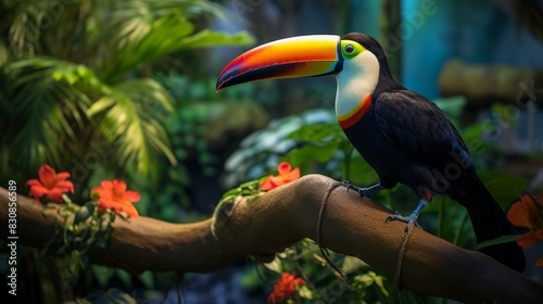 Vibrant Toucan Perched in Lush Rainforest Habitat with Colorful Exotic Foliage, High-Resolution Nature Photography Capturing Playful Expression and Distinctive Features