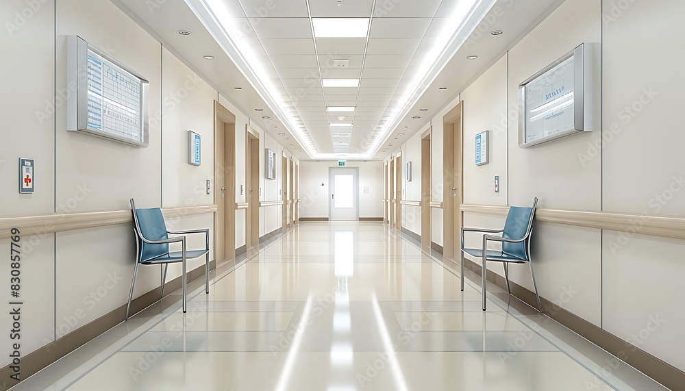Fototapeta premium Long hospital bright corridor with rooms and seats 3D rendering