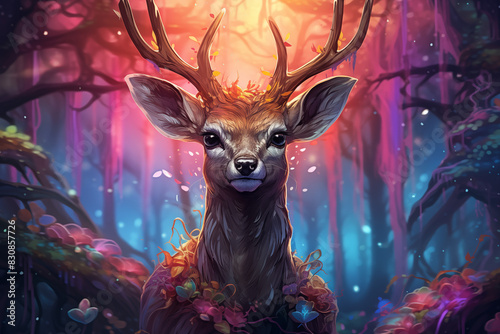 Magical Deer with Antlers in Enchanted Forest at Sunset