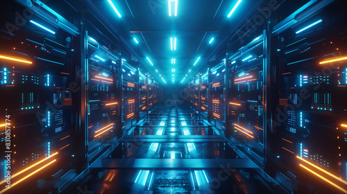 Abstract digital futuristic data center with blue glowing lights