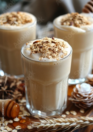 Oatmeal Smoothie - Creamy beige with oats and a drizzle of honey.