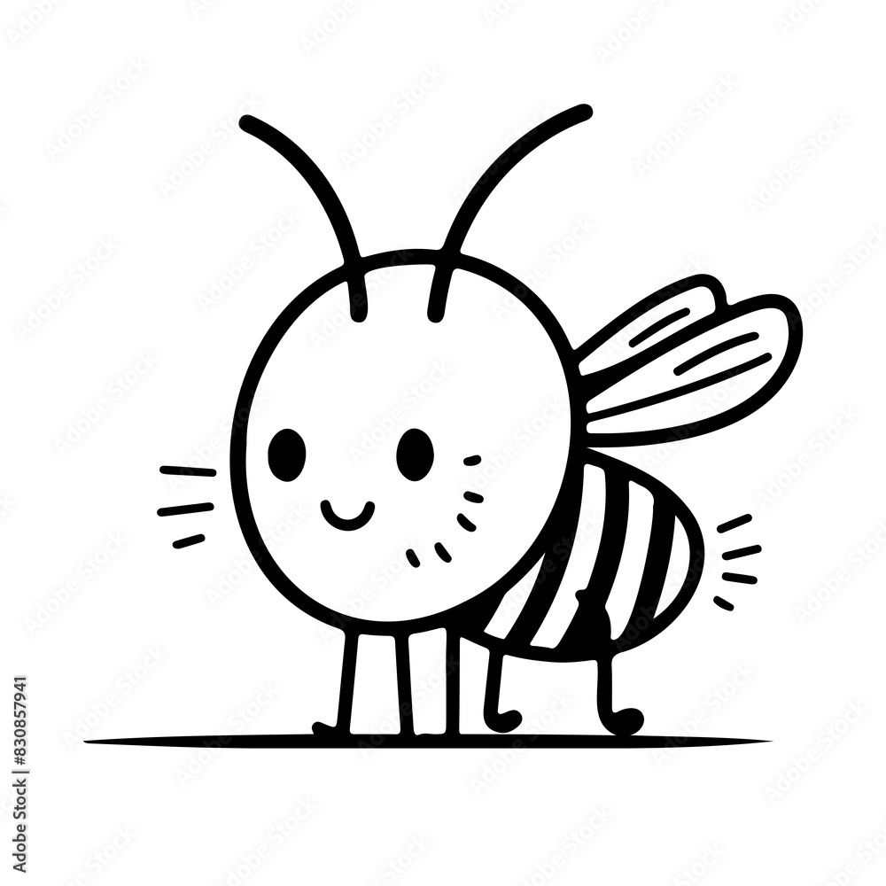 Charming black and white line drawing of a happy bee, great for children's designs and educational purposes. Charming black and white line drawing of a happy bee, great for children's designs and educational purposes.