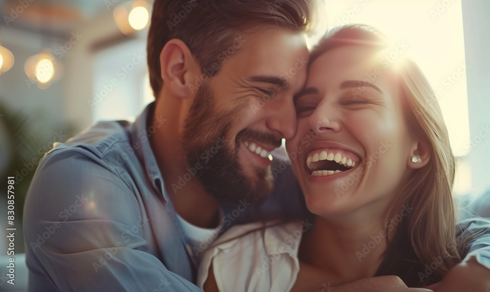 Happy couple laughing together in a bright room, family at new home, generated ai Happy couple laughing together in a bright room, family at new home, generated ai