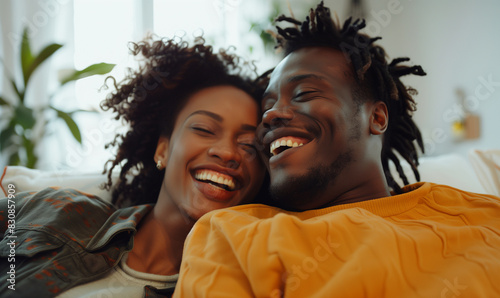 Happy couple laughing together in a bright room, family at new home, generated ai