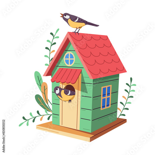 Birdhouse with two stories and small terrace 2D cartoon object. Sparrow sitting on feeder flat line vector image on white background