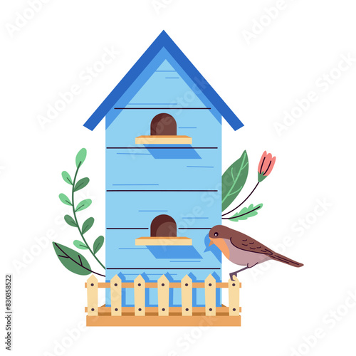 Birdhouse with two stories and small terrace 2D cartoon object. Sparrow sitting on feeder flat line vector image on white background