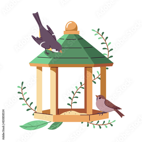 Birdfeeder with poured grains for birds 2D cartoon illustration. Handmade feeder with snacks flat line vector image on white background