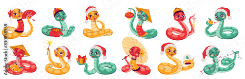 Cute snakes representing Chinese zodiac year 2D cartoon characters set. Reptiles with Asian accessories isolated vector animals on white