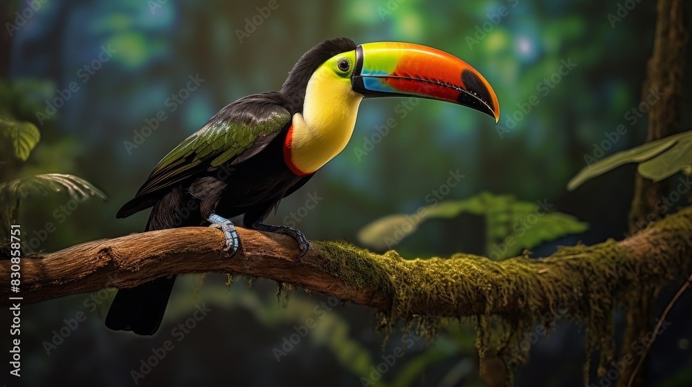 Naklejka premium Vibrant Toucan Perched in Lush Rainforest - Exotic Bird with Colorful Beak Amid Green Foliage and Playful Expression