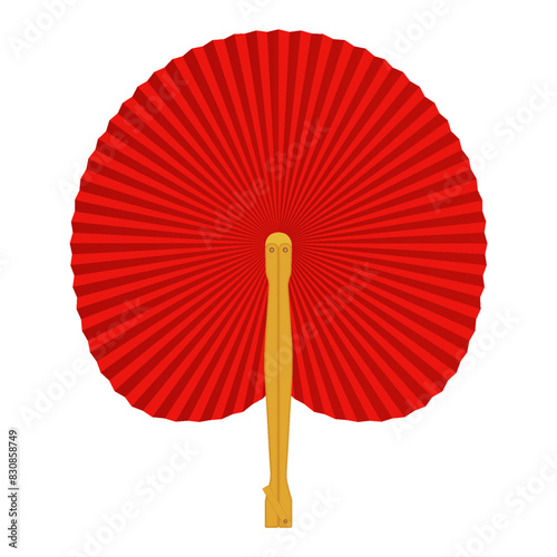 Asian cockade hand fan with wooden handle realistic vector illustration. Foldable accessory for refreshing. Oriental culture 3d object on white