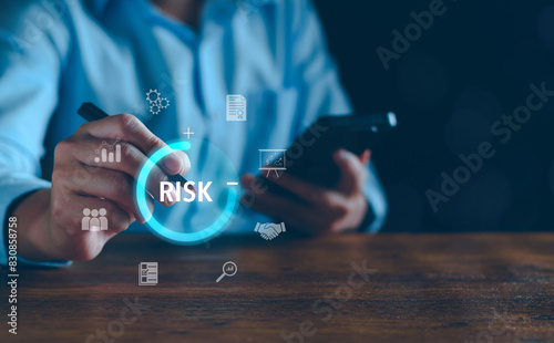 Risk manage, Business risk assessment. Businessman assess investment, Safety control risk. Reduce opportunity for financial investment, projects, manage business. Manage low level strategy.