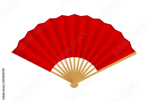 Chinese fan made of red paper realistic vector illustration. Foldable handheld accessory for refreshing. Asian souvenir 3d object on white