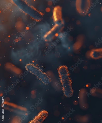 rod bacteria floating around in empty matter, blurry backround, realistic design