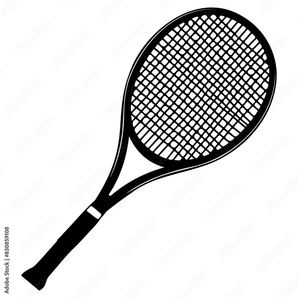 A black and white icon of a tennis racket, depicting a simple and clean design.
