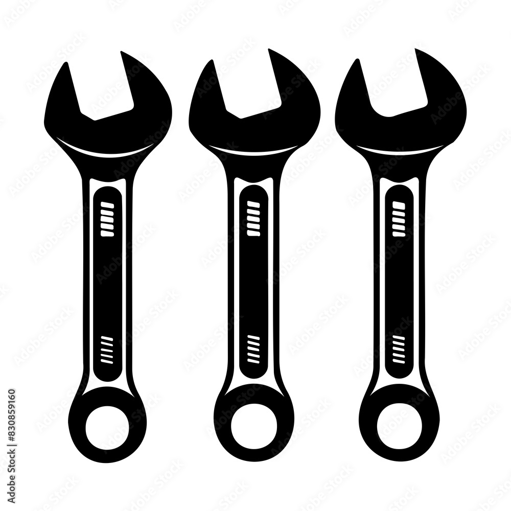 Black and white icon of three wrenches aligned vertically, representing tools and mechanical equipment. Black and white icon of three wrenches aligned vertically, representing tools and mechanical equipment.