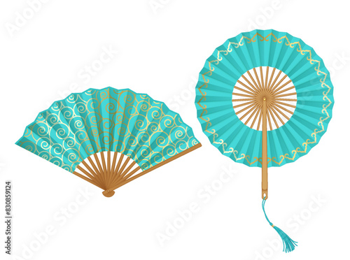 Oriental fans decorated with golden patterns realistic vector illustration set. Asian accessories for ladies 3d objects on white background