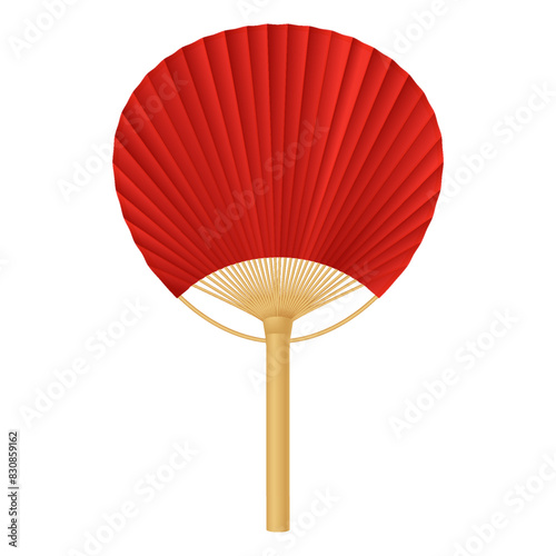 Asian fan of red paper and bamboo realistic vector illustration. Traditional handheld air blowing accessory 3d object on white background