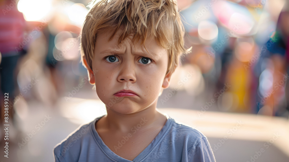 A sad young boy with messy hair is at an outdoor event with a blurry background