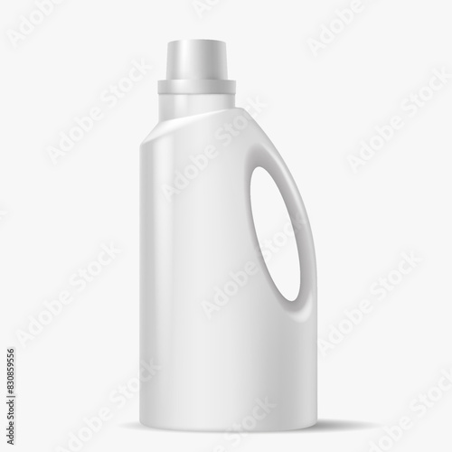 Plastic bottle of detergent with handle realistic vector illustration. Mockup container of chemical detergent 3d object on white background