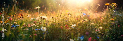 engaging visual of a sun-kissed meadow filled with different flowers, the soft golden light photo