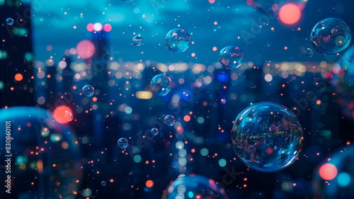 bubbles in the form of geometric shapes on the background of the night city
