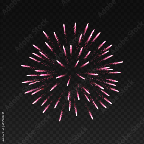 Shimmering pink firework burst realistic vector illustration. Holiday explosion in night sky 3d element on transparent background