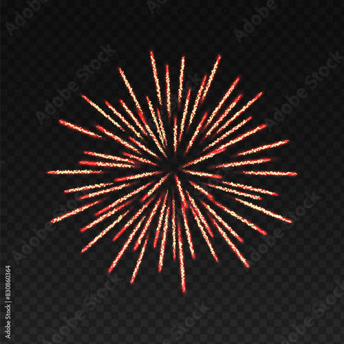 Chrysanthemum firework display realistic vector illustration. Red holiday blast in night sky 3d element on transparent background