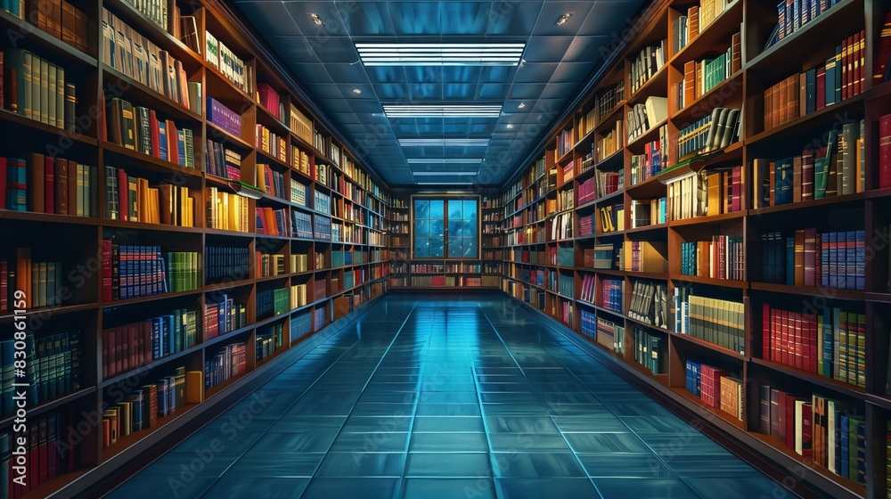Library Aisle with Shelves of Books Library Aisle with Shelves of Books