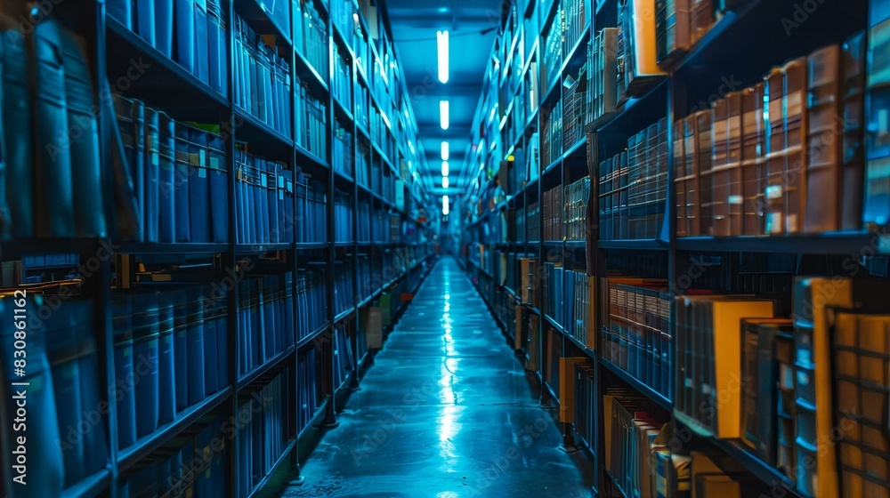 Library Aisle with Blue Lighting