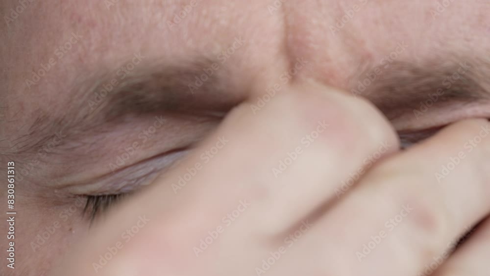 Close-up of a man's gray-blue tired eyes. The man rubs his eyes with his hand and looks straight into the camera. High quality FullHD footage Close-up of a man's gray-blue tired eyes. The man rubs his eyes with his hand and looks straight into the camera. High quality FullHD footage