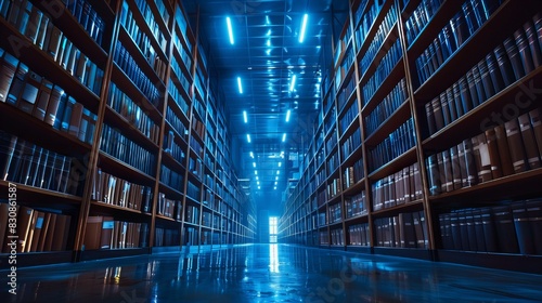 Futuristic library aisle with glowing neon lights photo