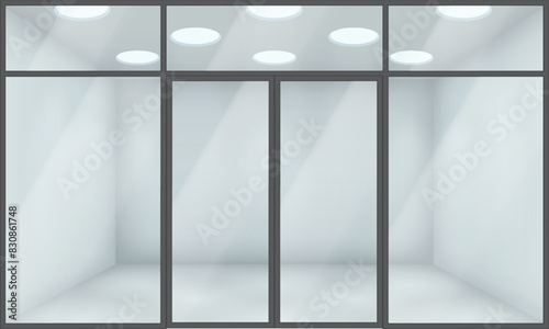 Glass door and facade of store realistic 3d illustration. Retail show room design. Empty shop front view exterior color vector background