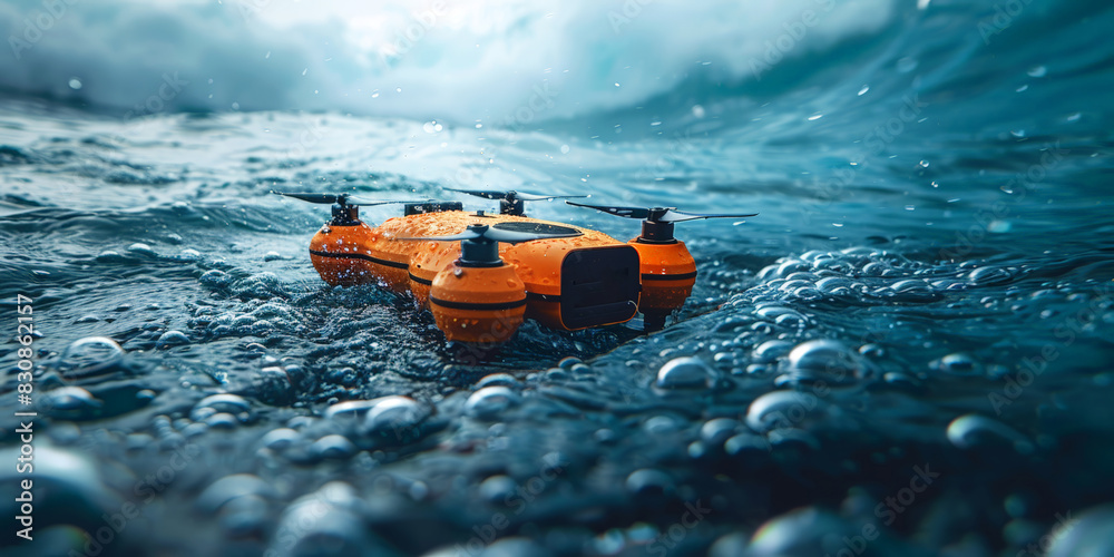 Fototapeta premium Orange waterproof drone navigating rough ocean waves, showcasing its durability and advanced technology for water-related activities. World Ocean Day.